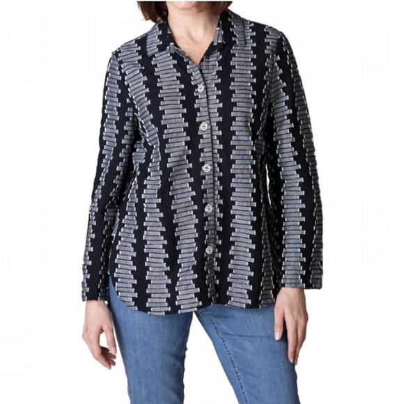 HABITAT Embroidered Cotton Wrap Around Button Down Shirt Black White Womens M - Picture 1 of 9